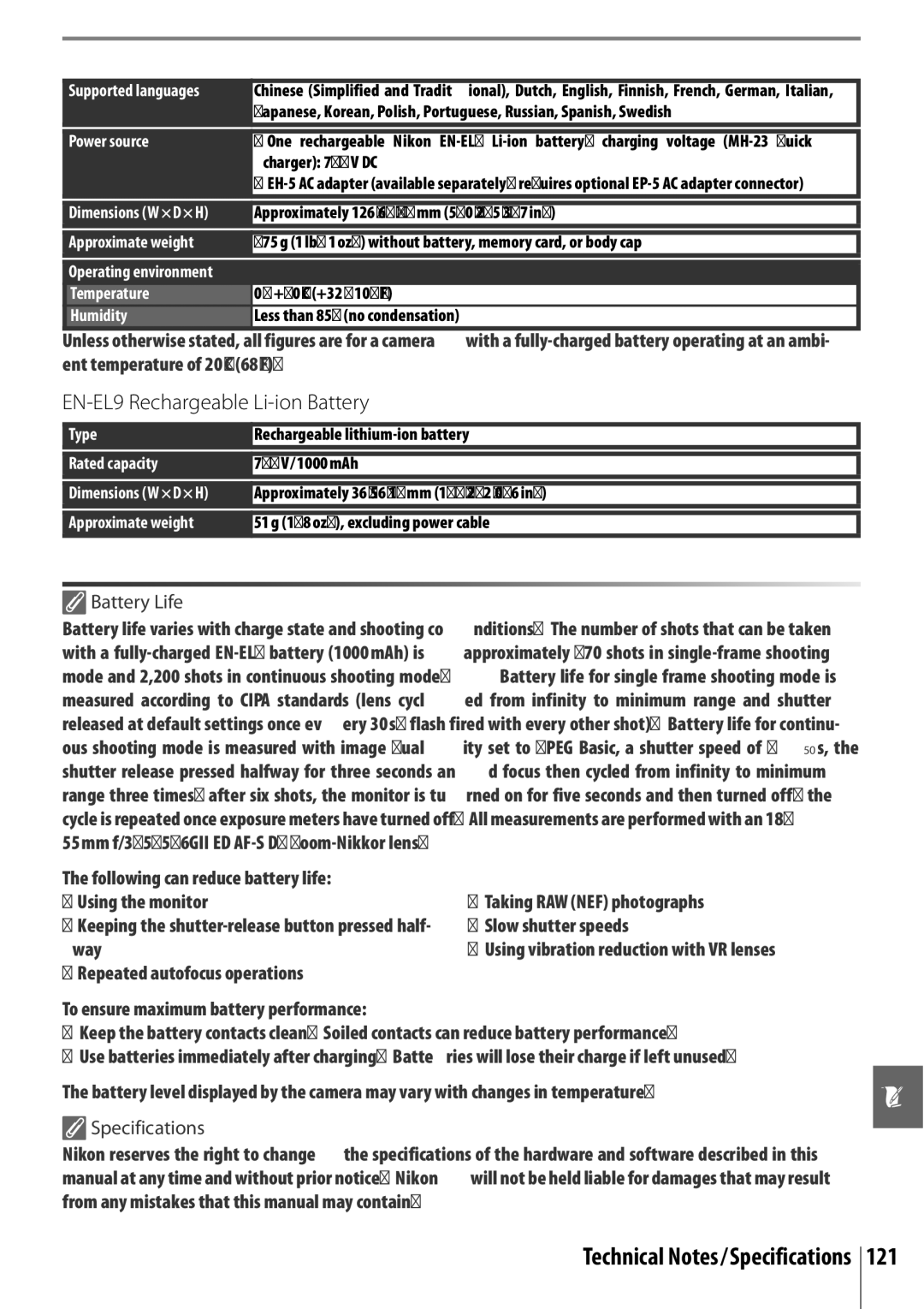 Nikon 25420 manual EN-EL9 Rechargeable Li-ion Battery, Battery Life, Specifications 