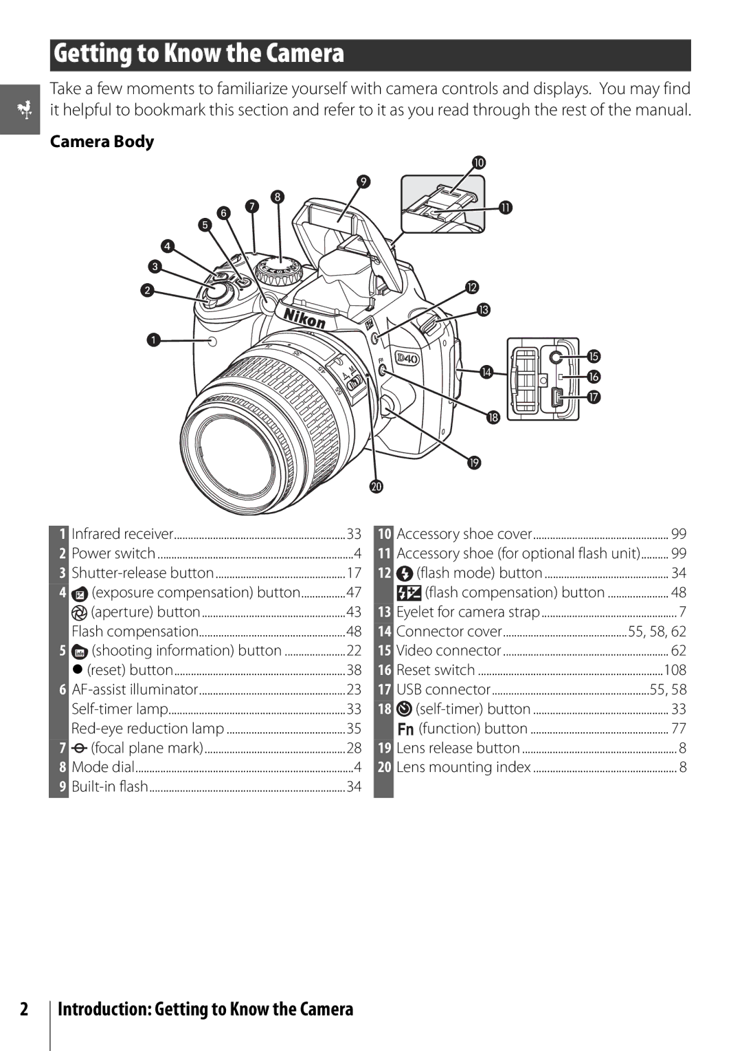 Nikon 25420 manual Introduction Getting to Know the Camera, Camera Body, 108 