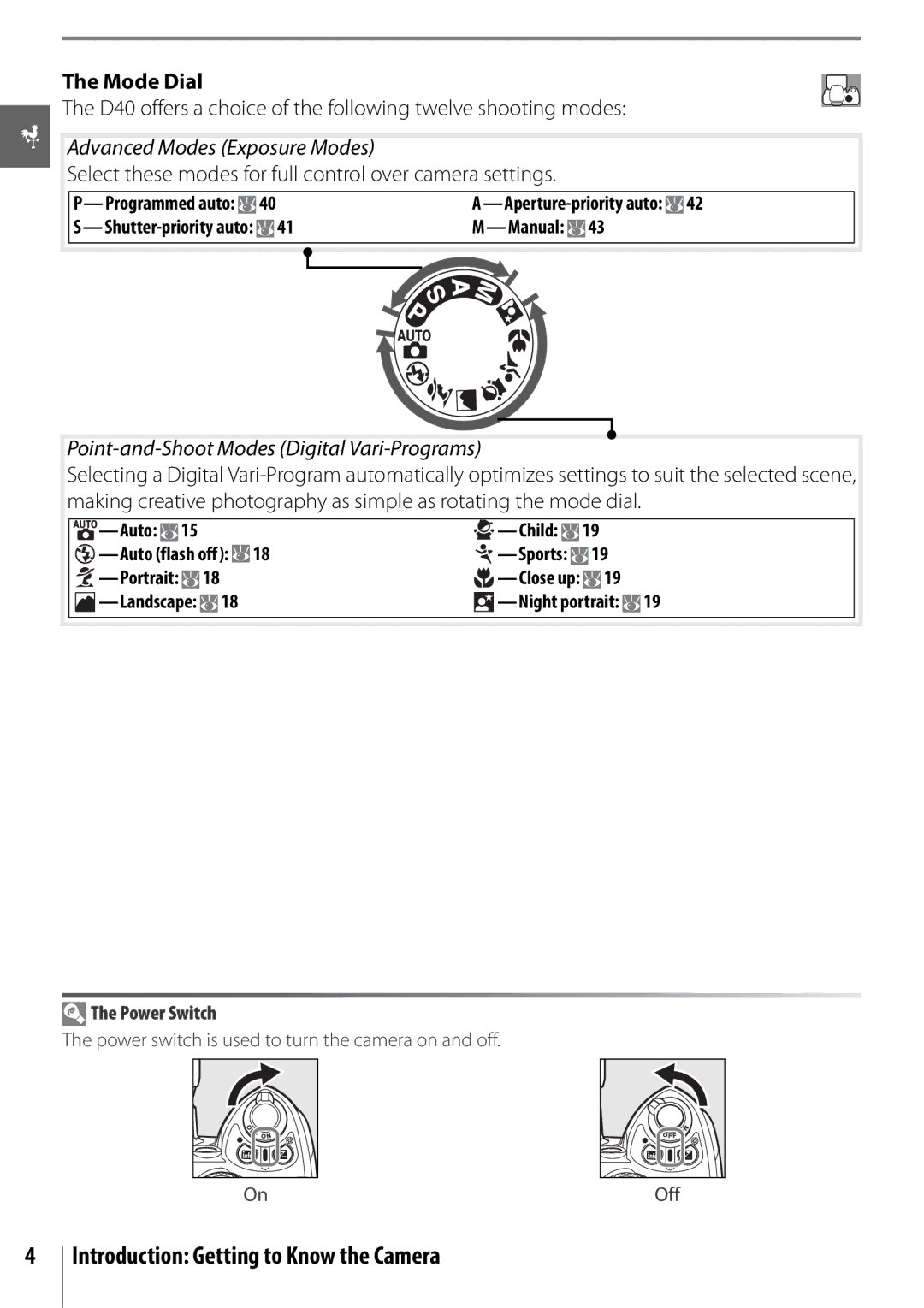 Nikon 25420 manual Mode Dial, D40 offers a choice of the following twelve shooting modes, Advanced Modes Exposure Modes 