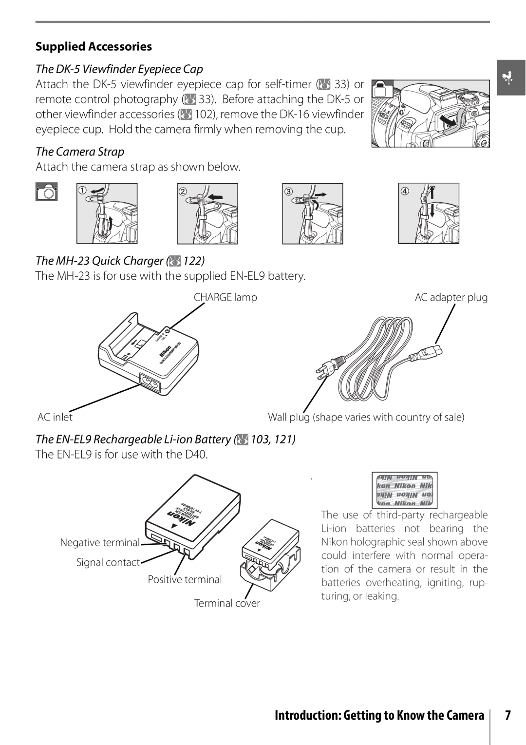 Nikon 25420 manual Supplied Accessories, DK-5 Viewfinder Eyepiece Cap, Camera Strap, MH-23 Quick Charger 