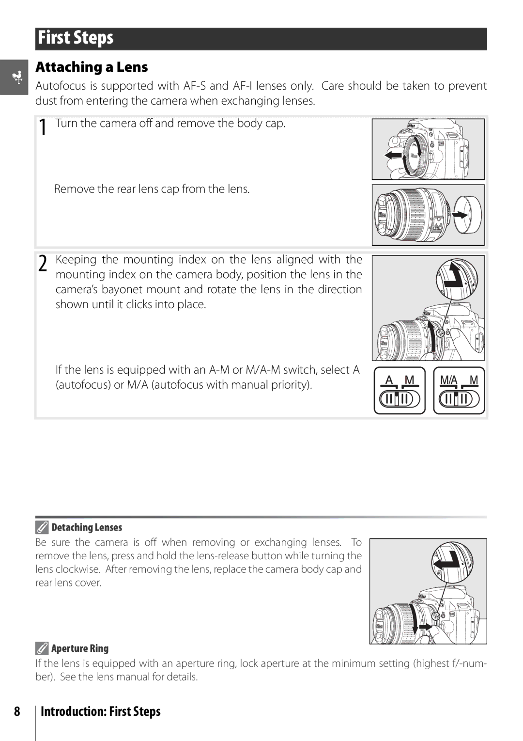 Nikon 25420 manual Attaching a Lens, Introduction First Steps, Detaching Lenses, Aperture Ring 