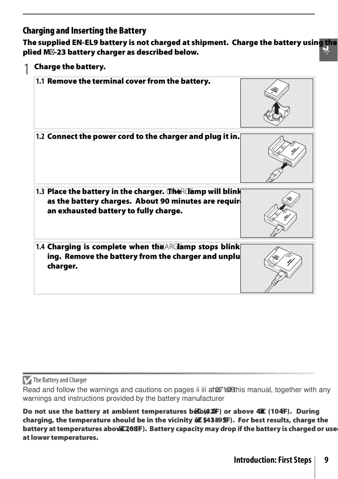 Nikon 25420 manual Charging and Inserting the Battery, Introduction First Steps, Battery and Charger 