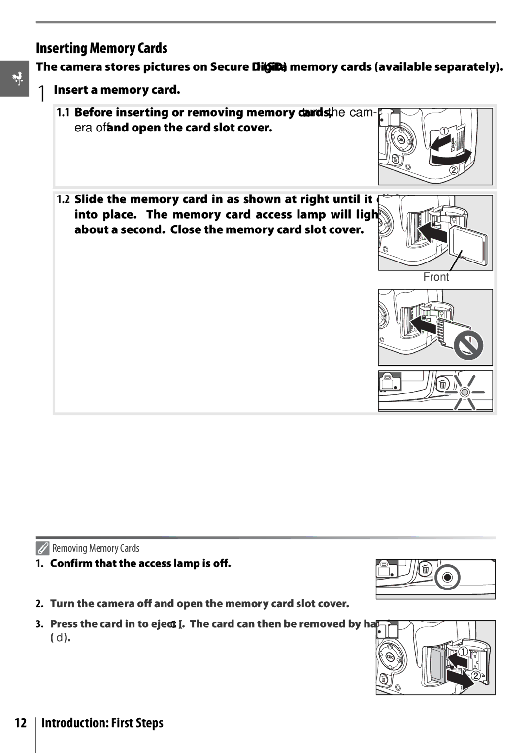 Nikon 25420 manual Inserting Memory Cards, Removing Memory Cards, Confirm that the access lamp is off 