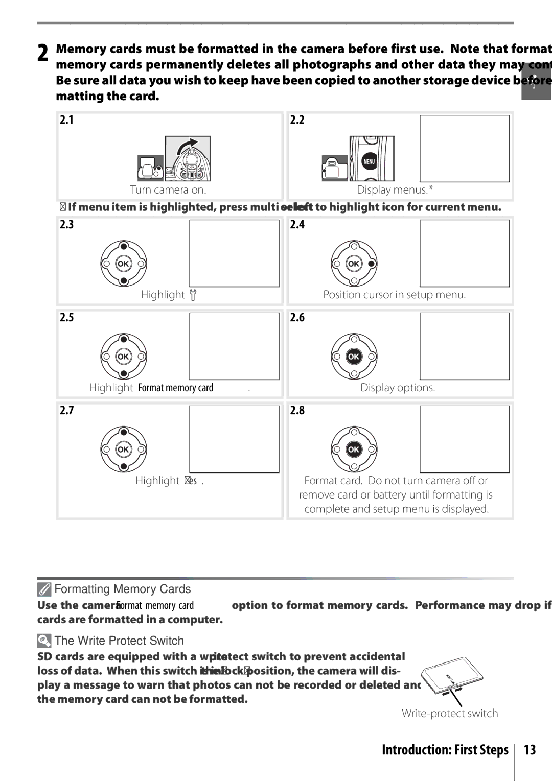 Nikon 25420 manual Highlight Format memory card, Formatting Memory Cards, Write Protect Switch 