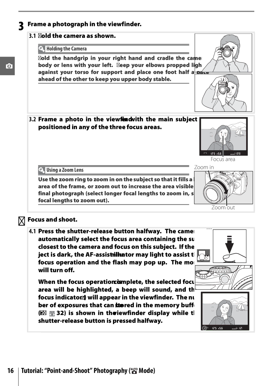 Nikon 25420 manual Tutorial Point-and-Shoot Photography Mode, Holding the Camera, Using a Zoom Lens 