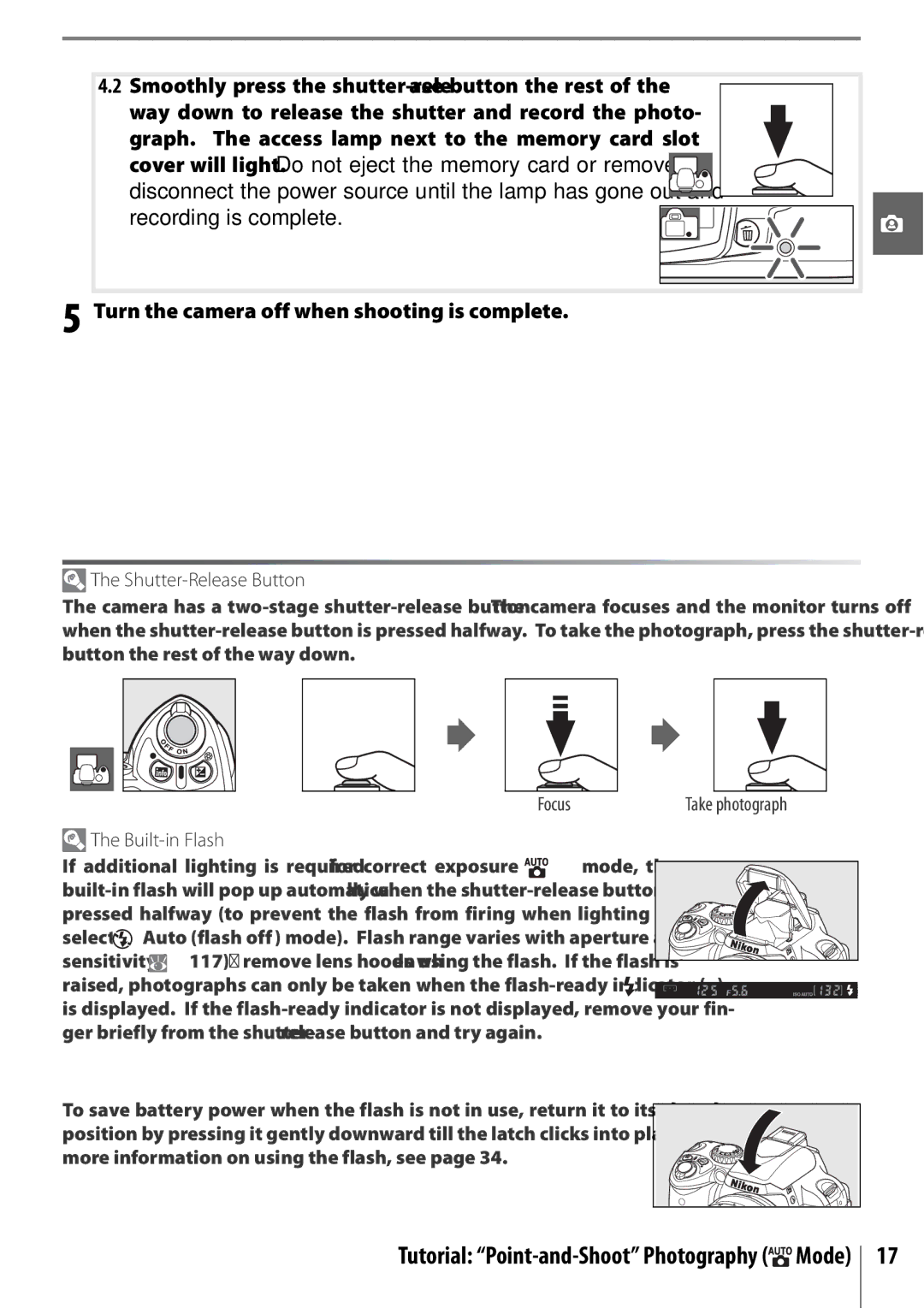 Nikon 25420 manual Turn the camera off when shooting is complete, Shutter-Release Button, Built-in Flash 