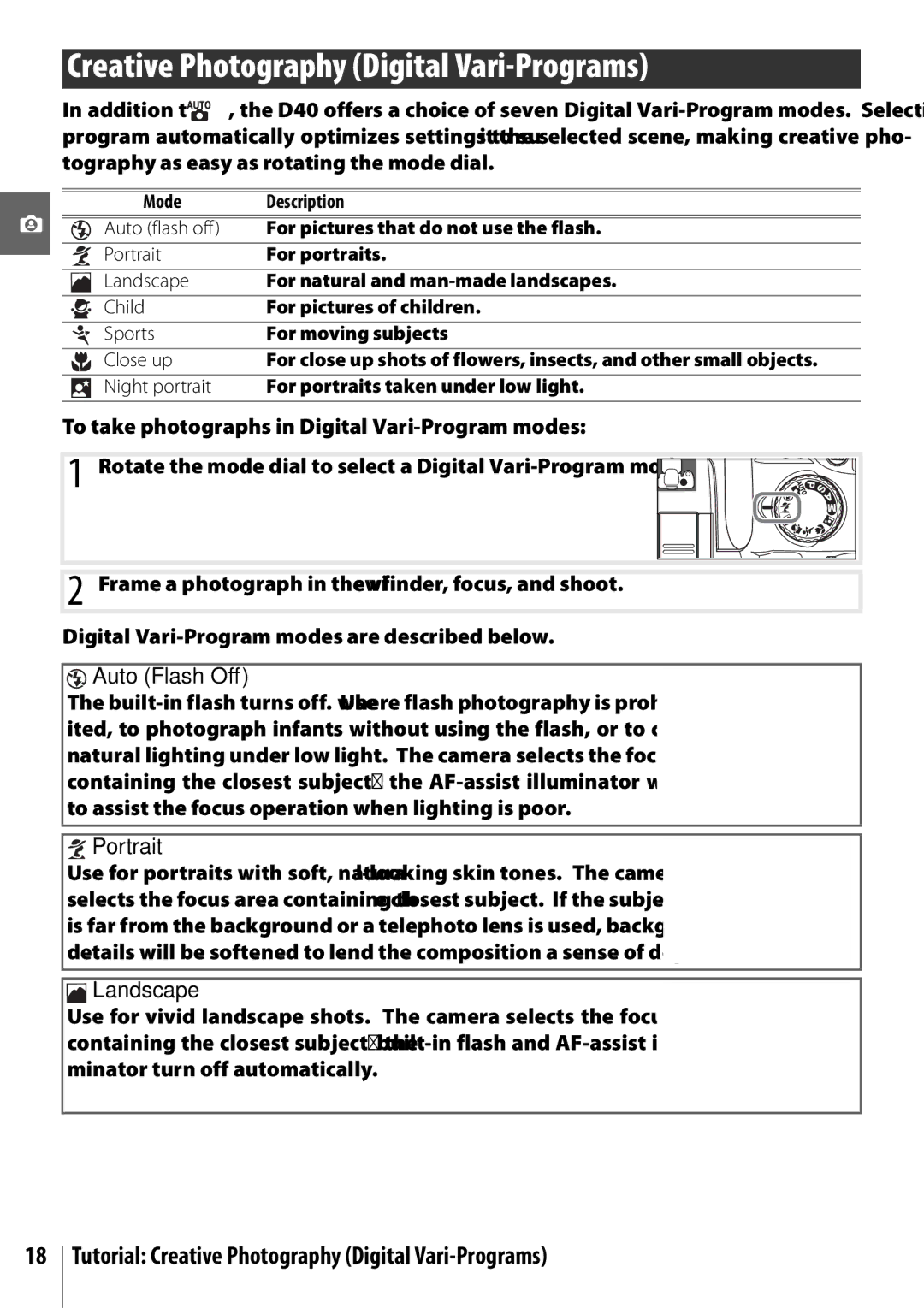 Nikon 25420 manual Tutorial Creative Photography Digital Vari-Programs, Auto Flash Off, Portrait, Landscape 