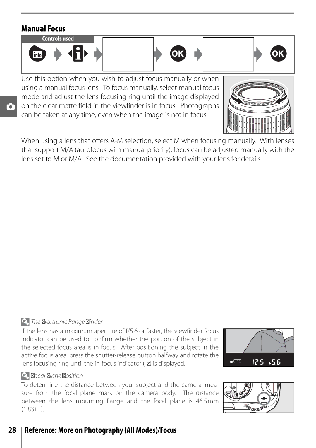 Nikon 25420 manual Manual Focus, Electronic Range Finder, Focal Plane Position 