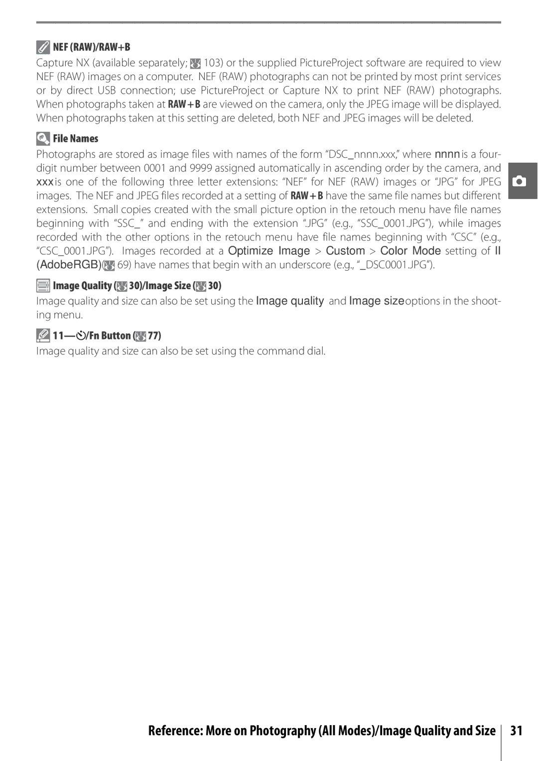 Nikon 25420 manual File Names, Image Quality 30/Image Size, 11- /Fn Button 