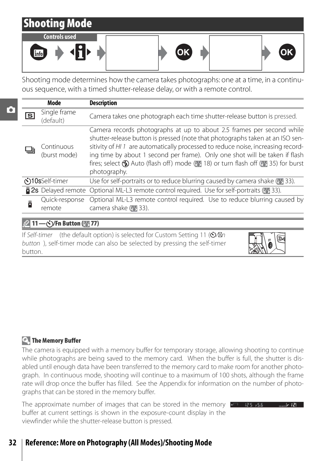 Nikon 25420 manual Reference More on Photography All Modes/Shooting Mode, Mode Description, Memory Buffer 