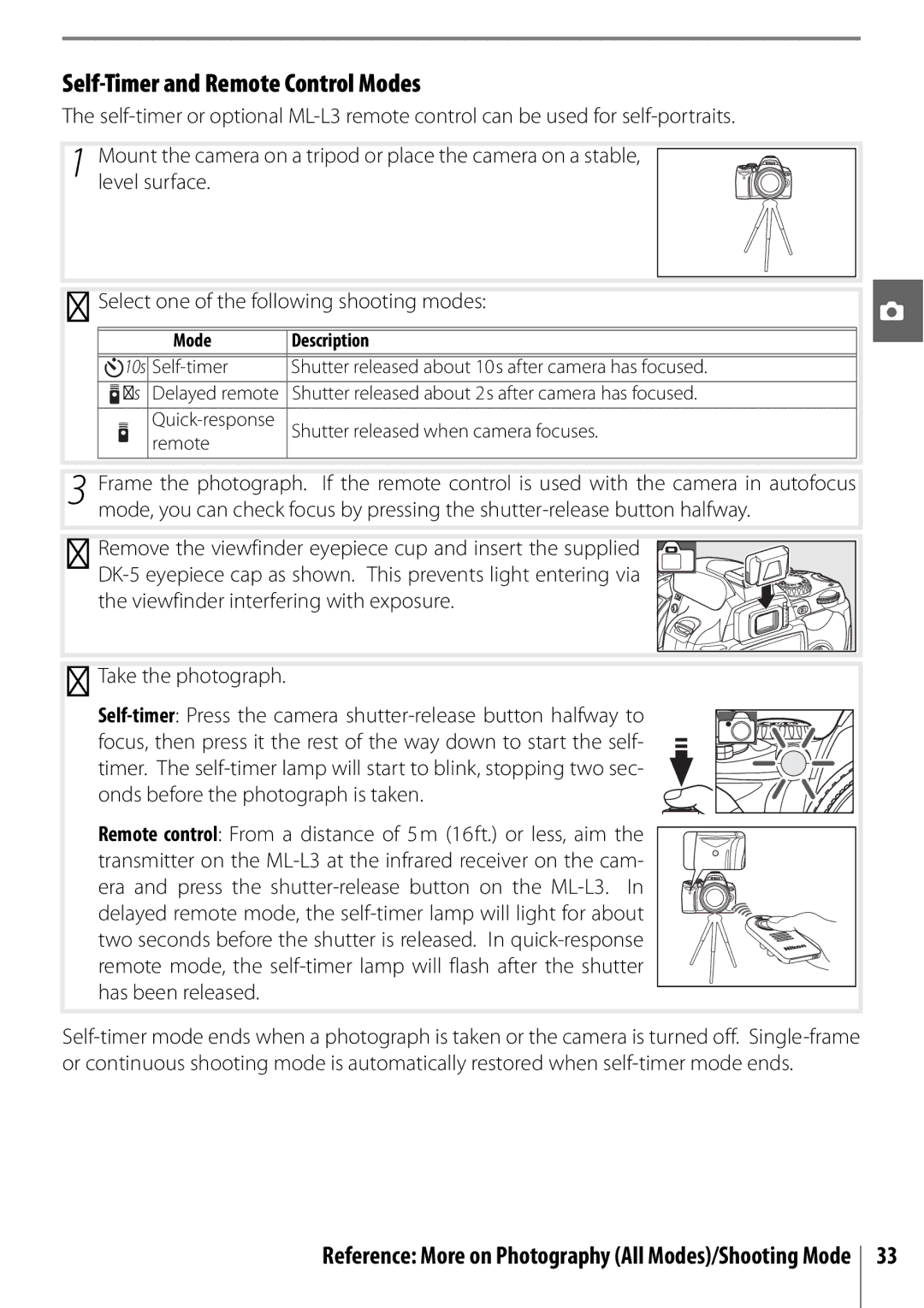 Nikon 25420 manual Self-Timer and Remote Control Modes, Level surface Select one of the following shooting modes 