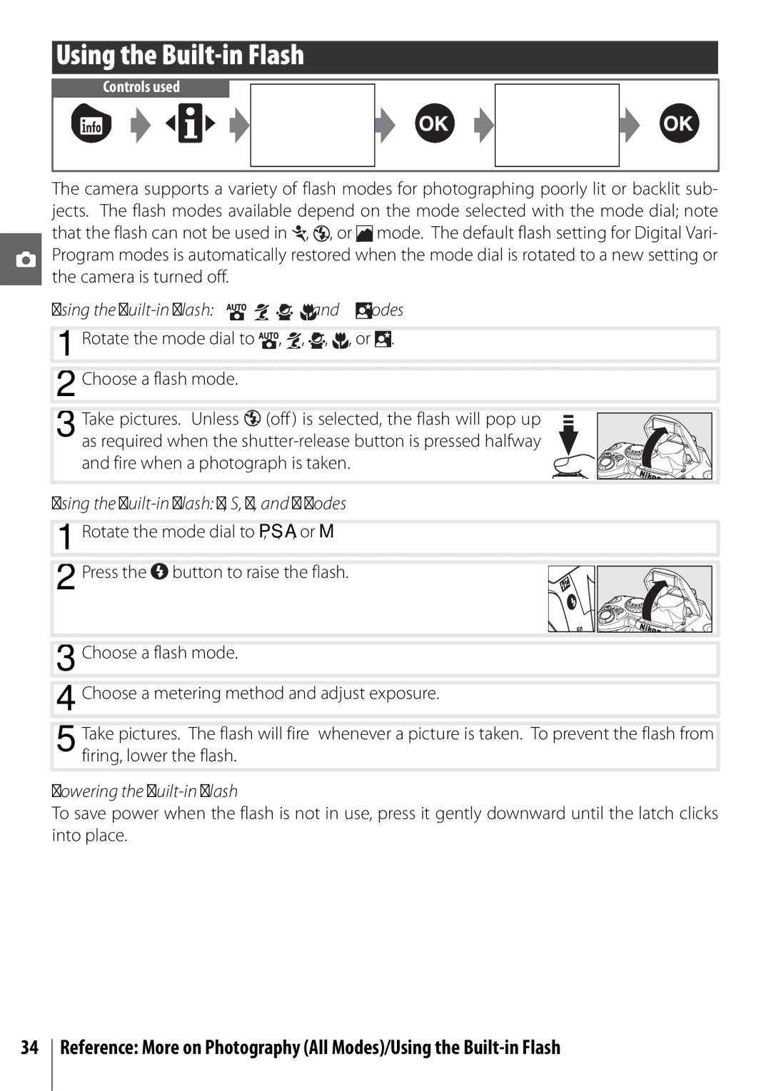 Nikon 25420 manual Using the Built-in Flash , , , , and Modes, Using the Built-in Flash P, S, A, and M Modes 