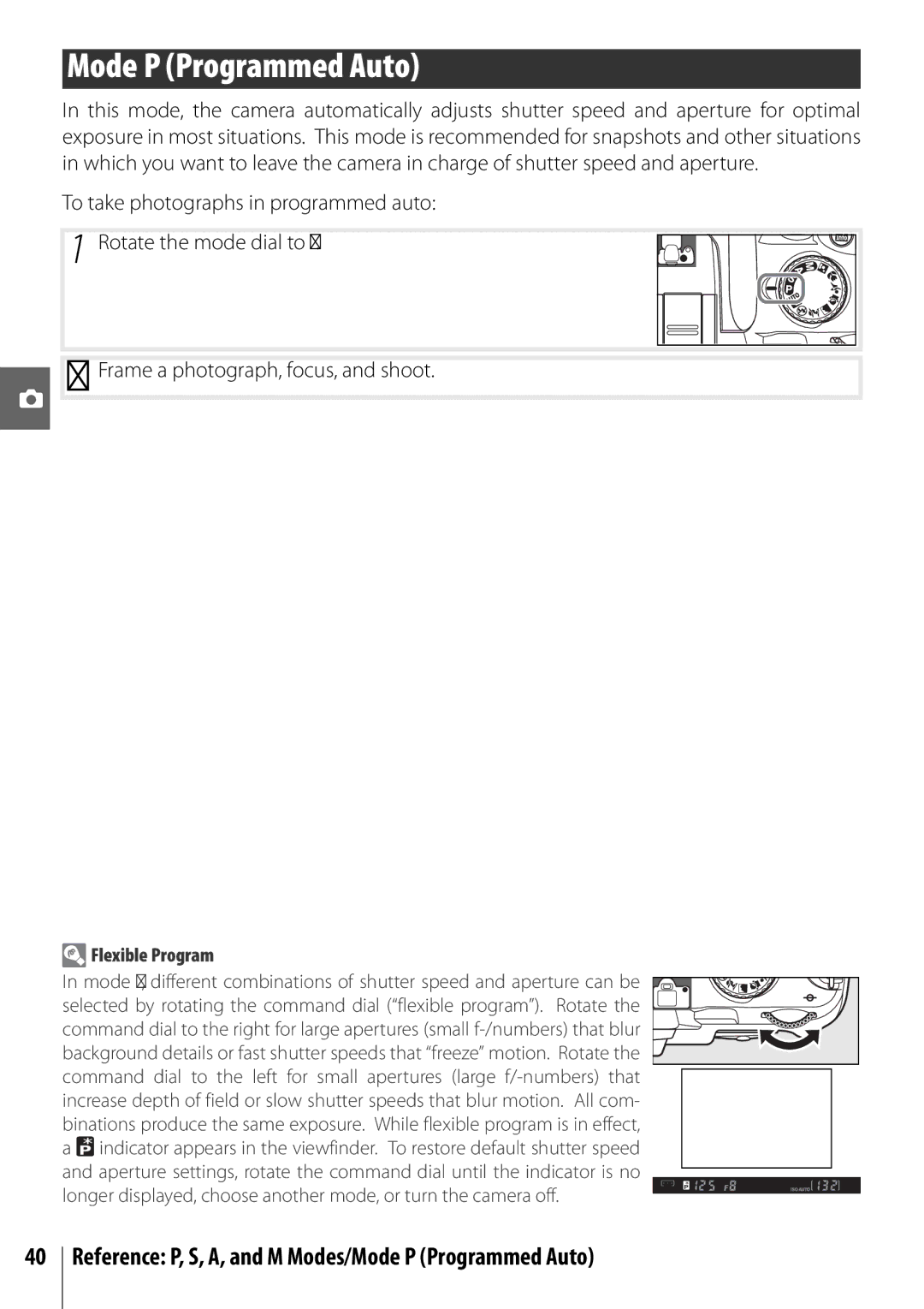 Nikon 25420 manual Reference P, S, A, and M Modes/Mode P Programmed Auto, Flexible Program 