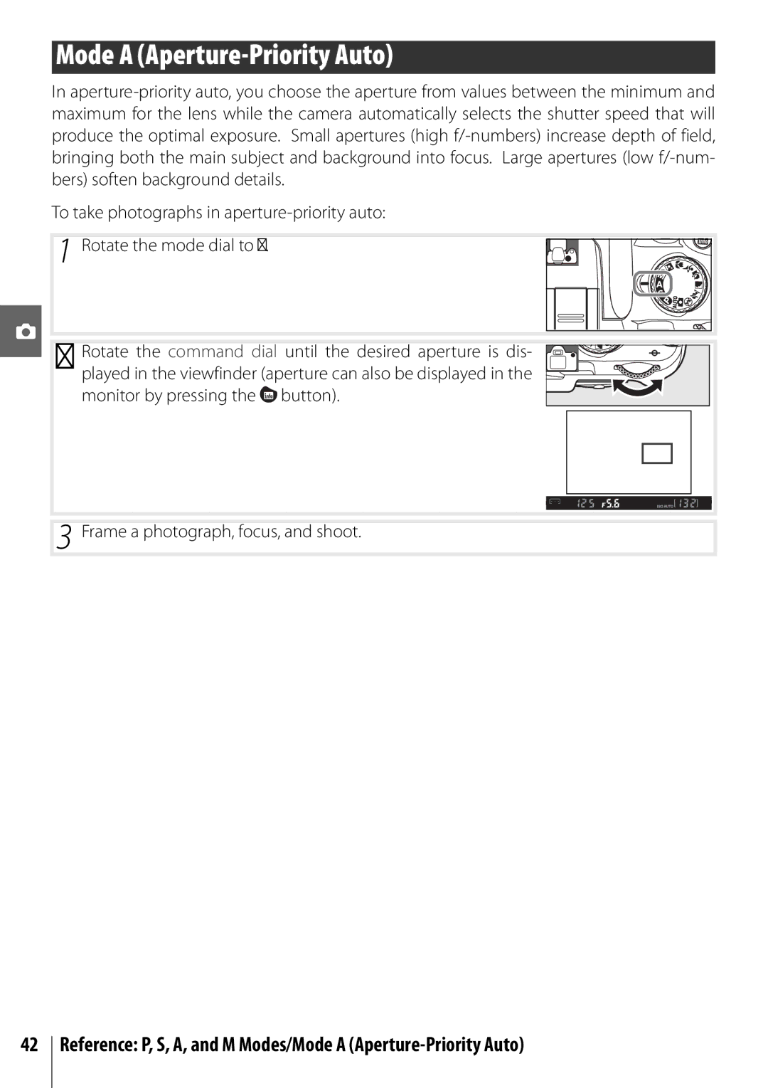 Nikon 25420 manual Reference P, S, A, and M Modes/Mode a Aperture-Priority Auto 