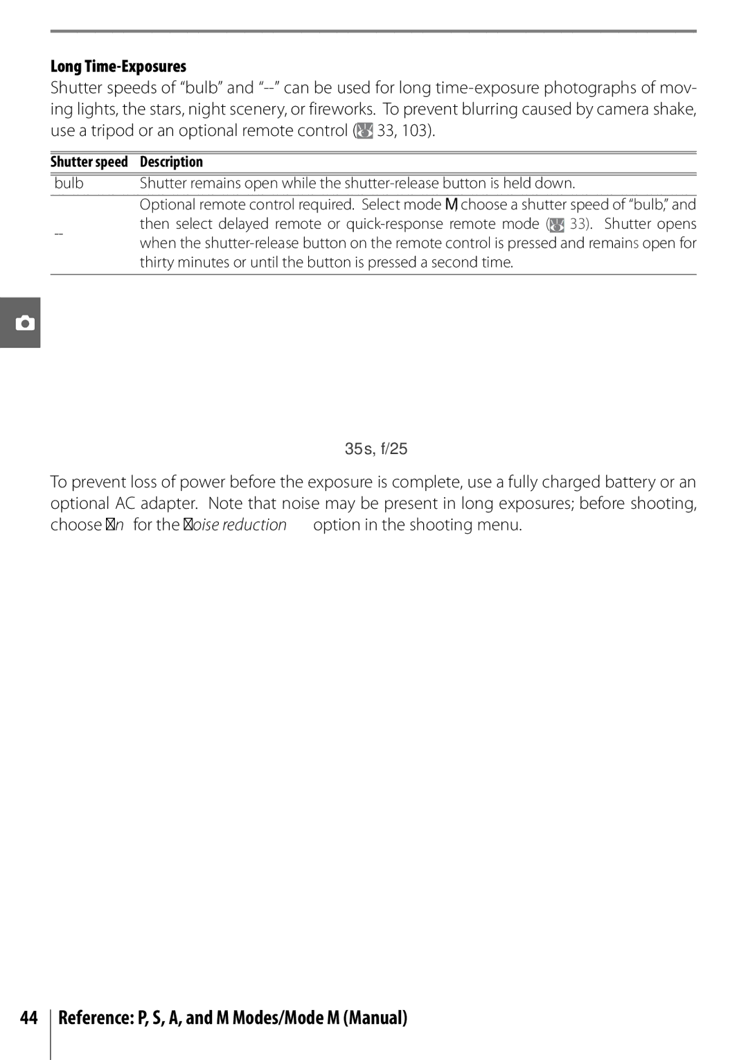 Nikon 25420 manual Reference P, S, A, and M Modes/Mode M Manual, Long Time-Exposures 