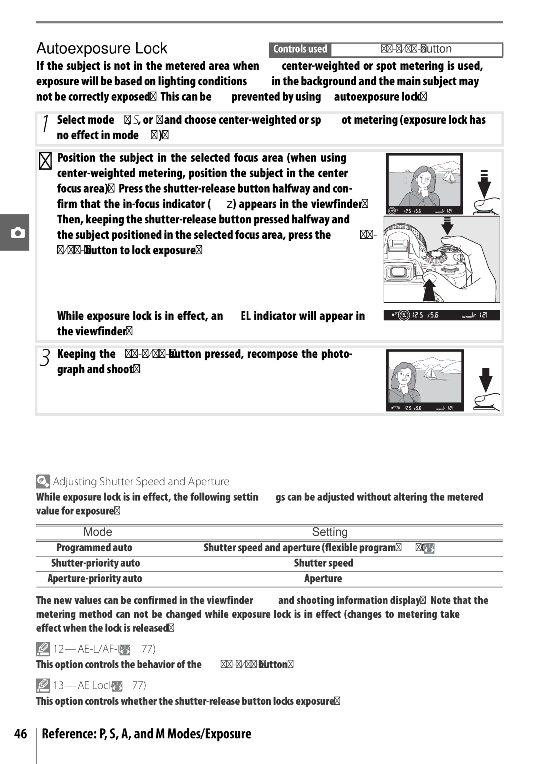 Nikon 25420 Autoexposure Lock, Reference P, S, A, and M Modes/Exposure, Adjusting Shutter Speed and Aperture, Mode Setting 