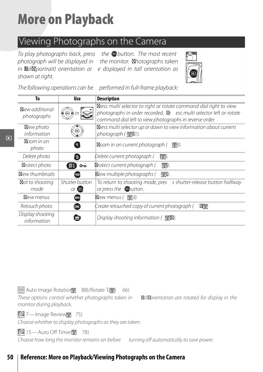 Nikon 25420 manual Viewing Photographs on the Camera, Auto Image Rotation 88/Rotate Tall, Image Review, Auto Off Timers 