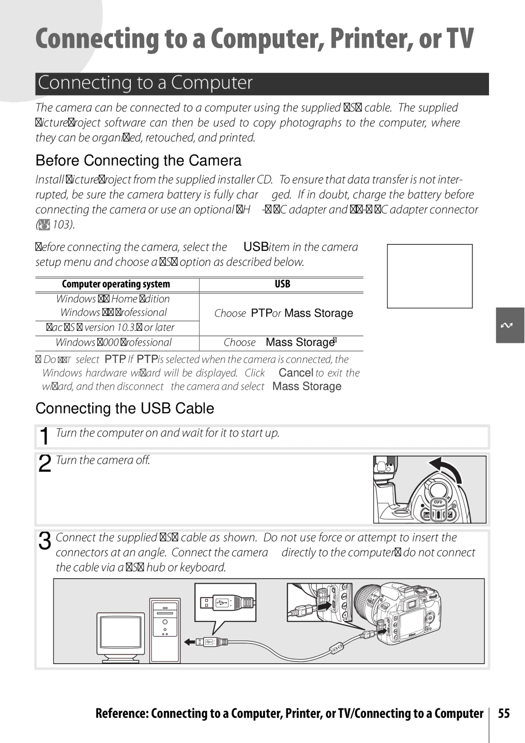 Nikon 25420 manual Connecting to a Computer, Before Connecting the Camera, Connecting the USB Cable 