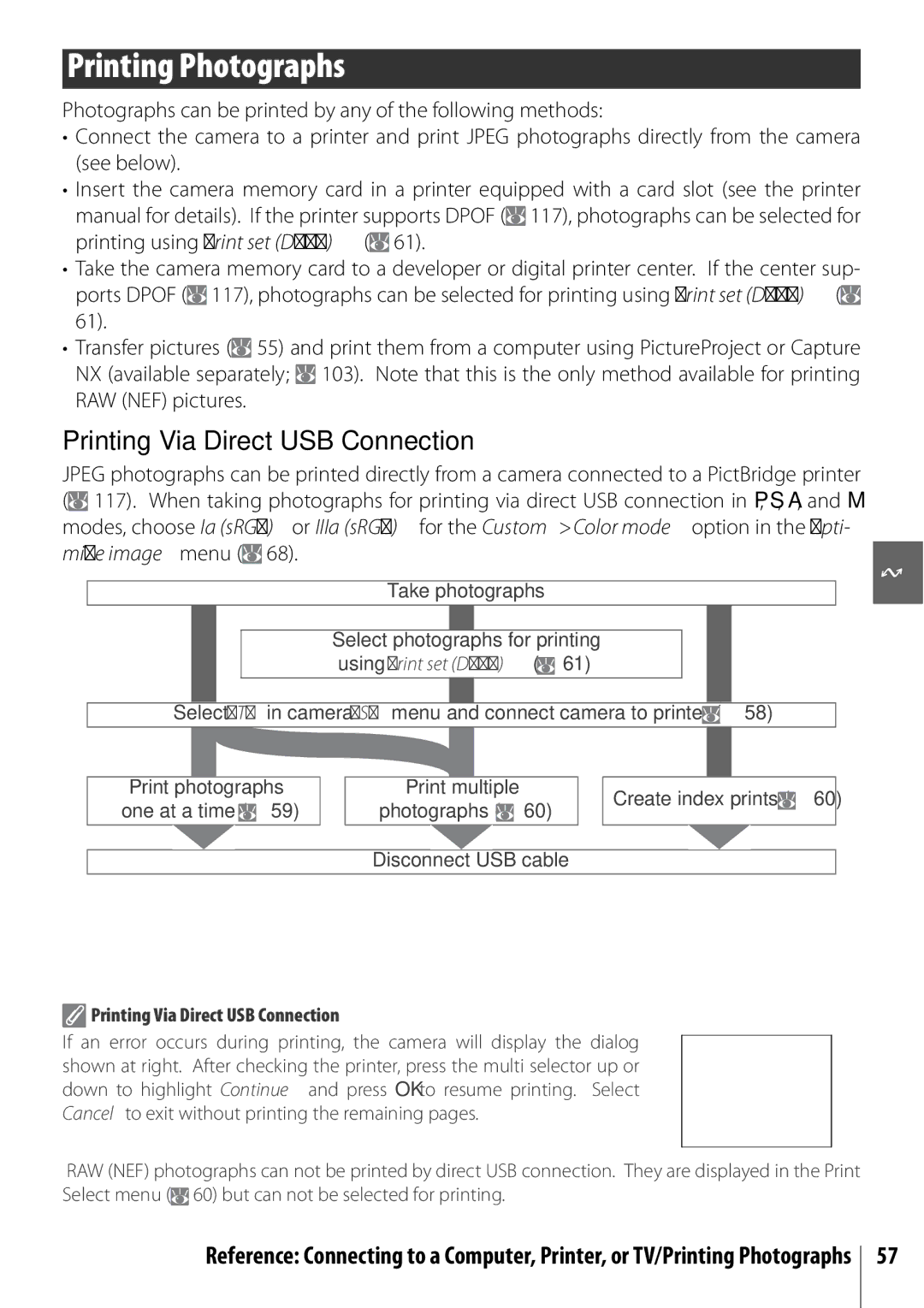 Nikon 25420 manual Printing Photographs, Printing Via Direct USB Connection 