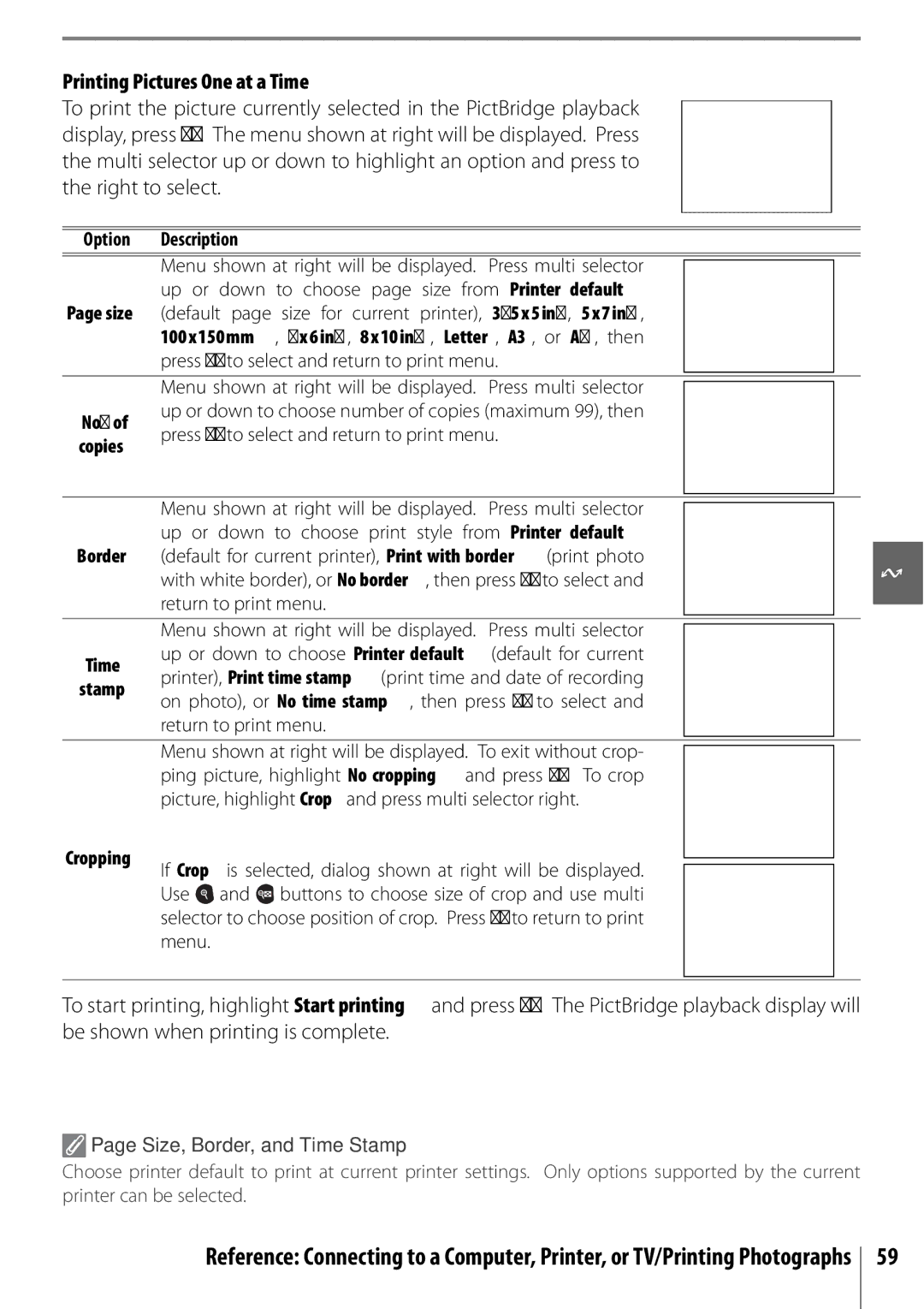 Nikon 25420 manual Printing Pictures One at a Time, Size, Border, and Time Stamp 