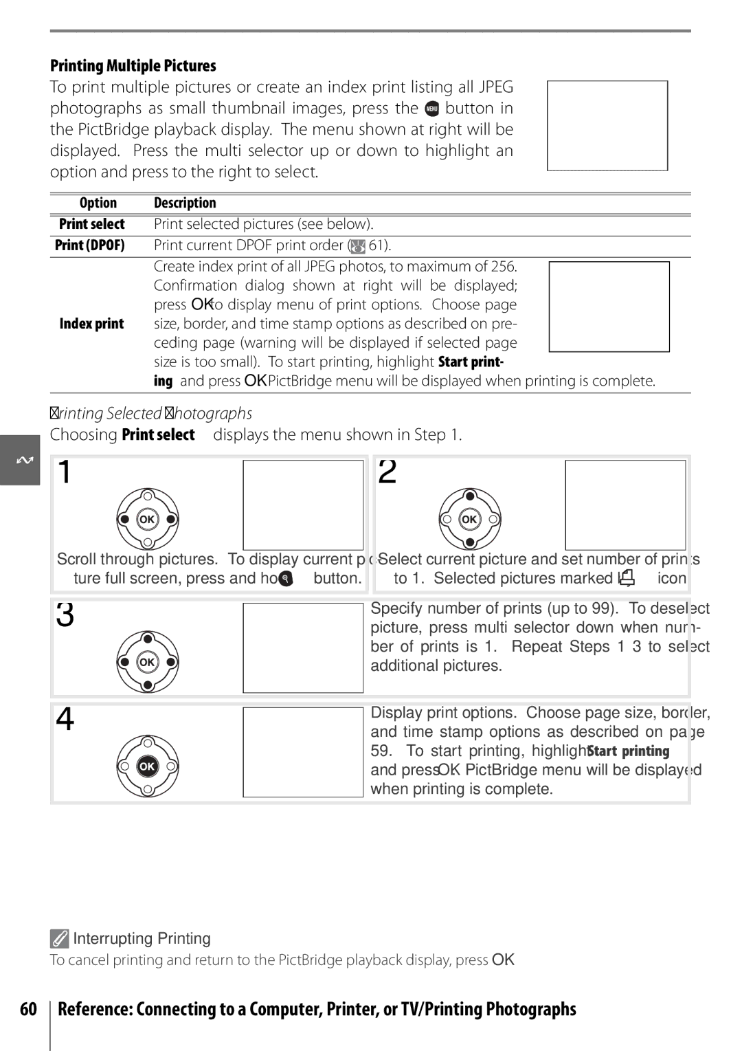 Nikon 25420 manual Printing Multiple Pictures, Printing Selected Photographs, Interrupting Printing 