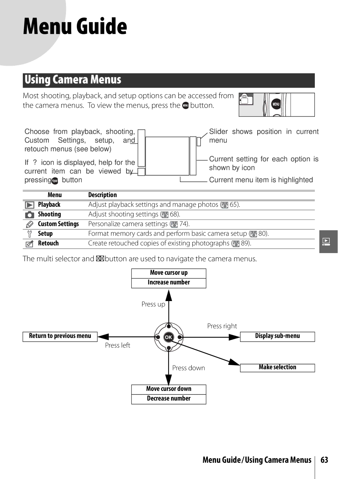 Nikon 25420 manual Using Camera Menus, Personalize camera settings, Move cursor up Increase number, Return to previous menu 