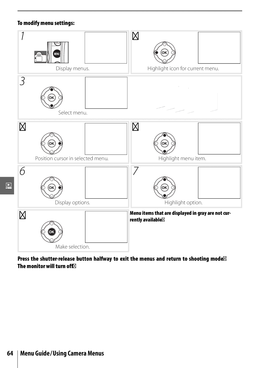 Nikon 25420 manual Menu Guide/Using Camera Menus, To modify menu settings 