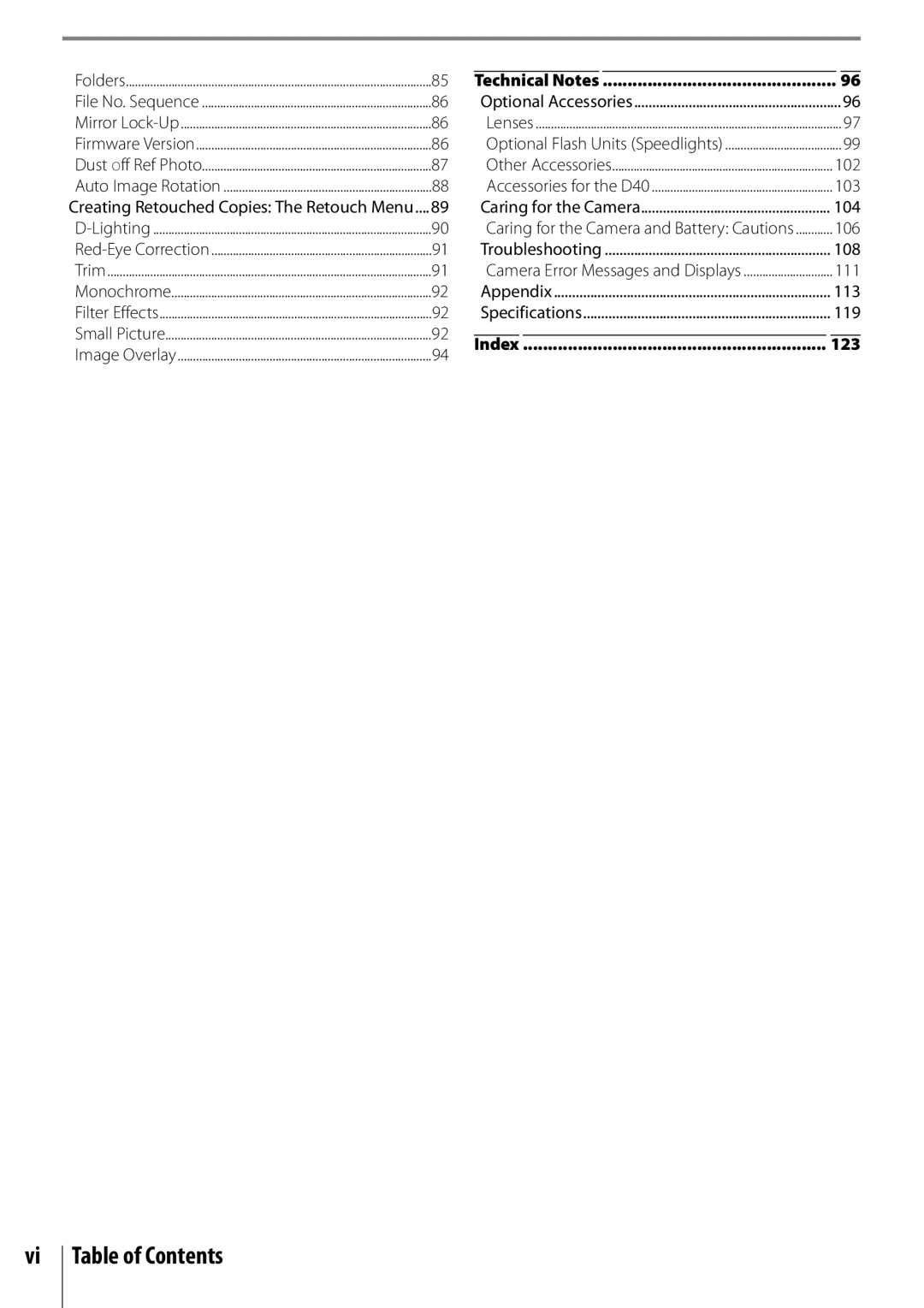 Nikon 25420 manual Table of Contents, Technical Notes 