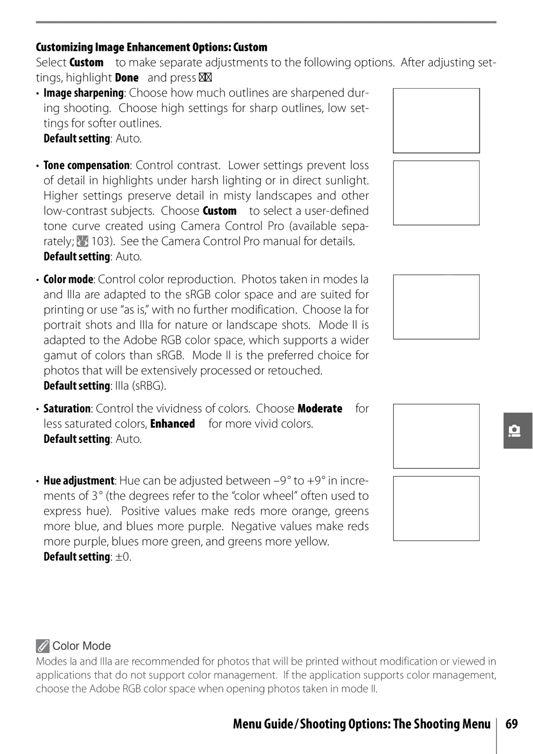 Nikon 25420 Customizing Image Enhancement Options Custom, Default setting Auto, Default setting IIIa sRBG, Color Mode 