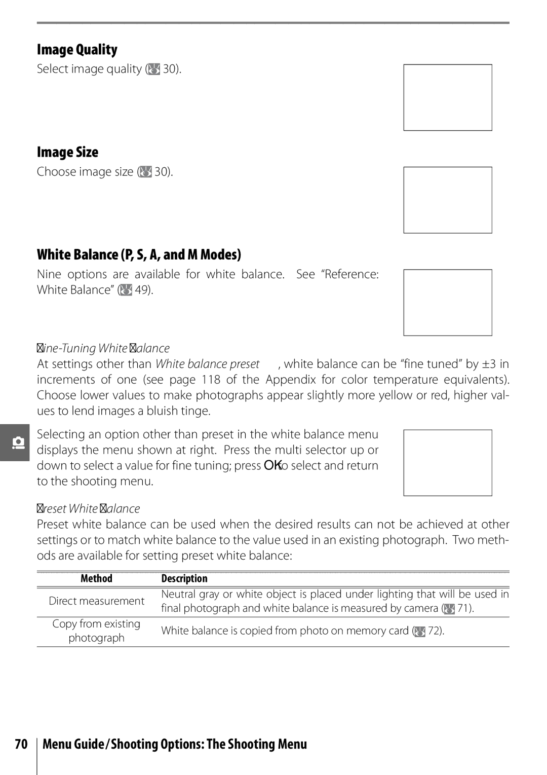 Nikon 25420 manual White Balance P, S, A, and M Modes, Select image quality, Choose image size, Fine-Tuning White Balance 