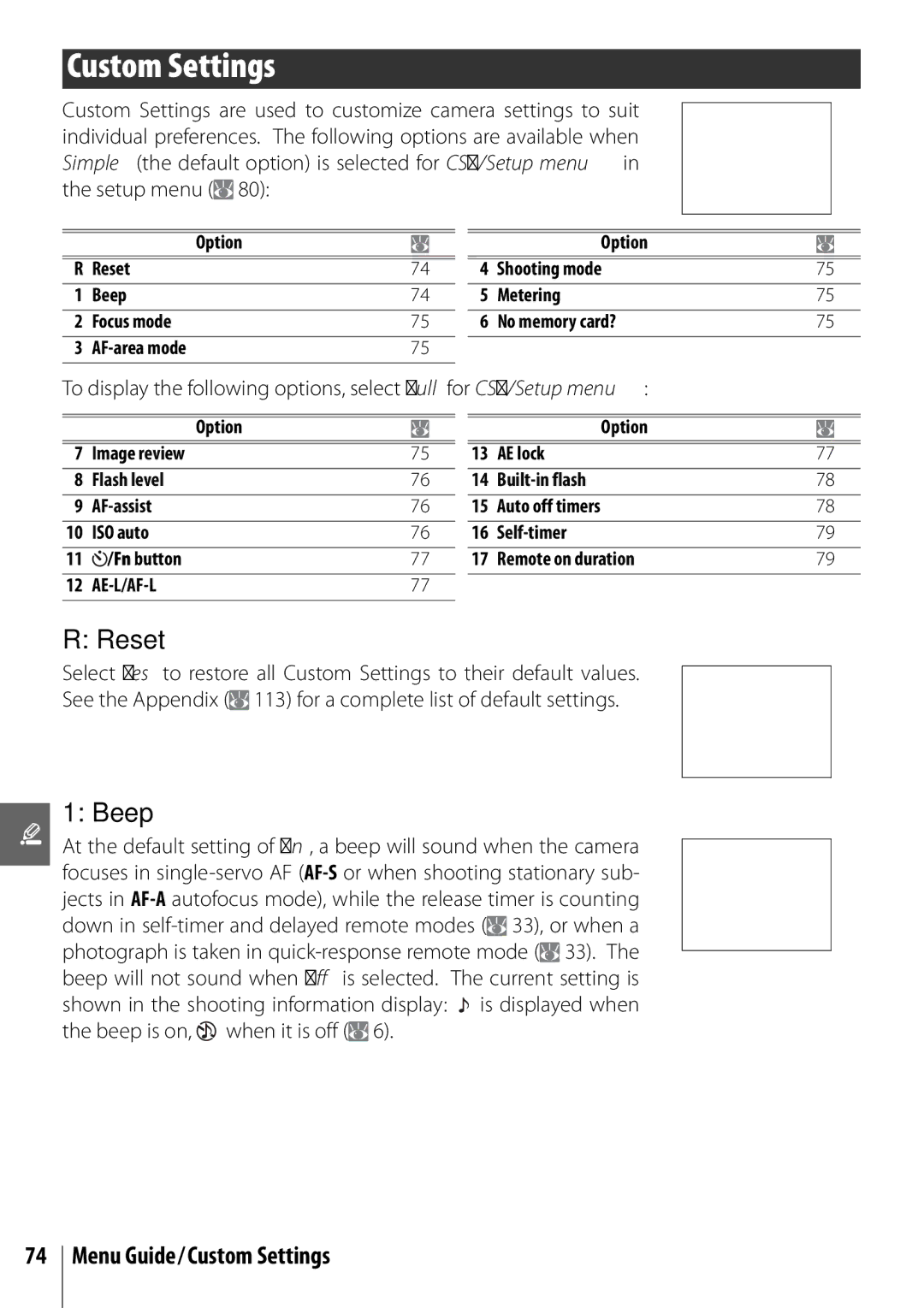 Nikon 25420 manual Reset, Beep, Menu Guide/Custom Settings 