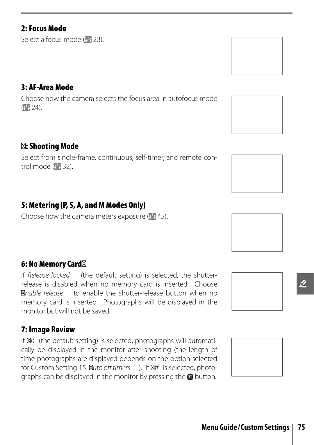 Nikon 25420 Shooting Mode, Metering P, S, A, and M Modes Only, No Memory Card?, Image Review, Menu Guide/Custom Settings 