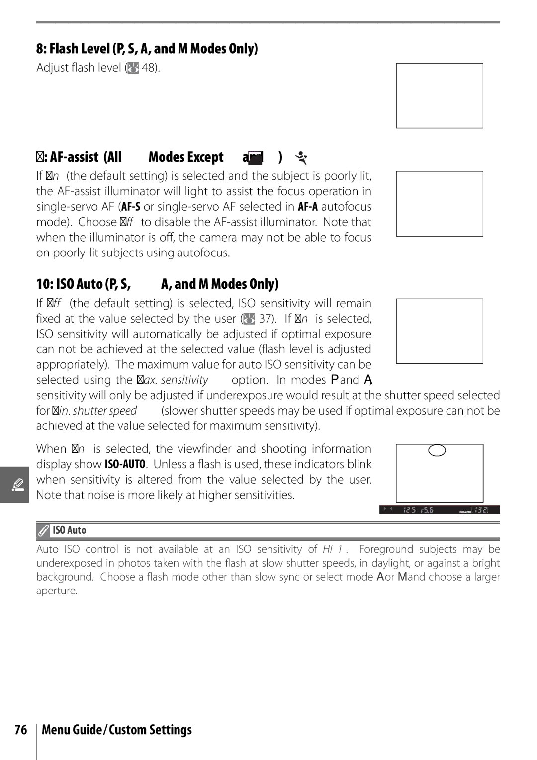 Nikon 25420 manual Flash Level P, S, A, and M Modes Only, AF-assist All Modes Except, ISO Auto P, S, A, and M Modes Only 