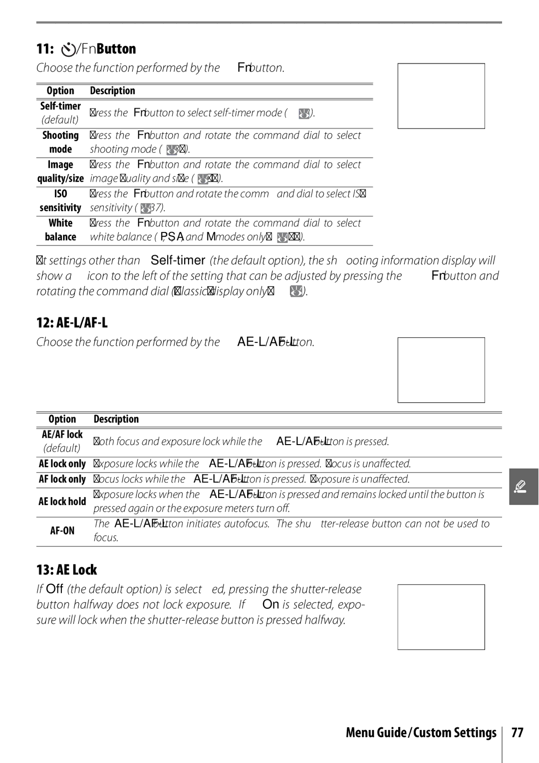 Nikon 25420 manual 11 /Fn Button, Ae-L/Af-L, AE Lock, Choose the function performed by the Fn button 