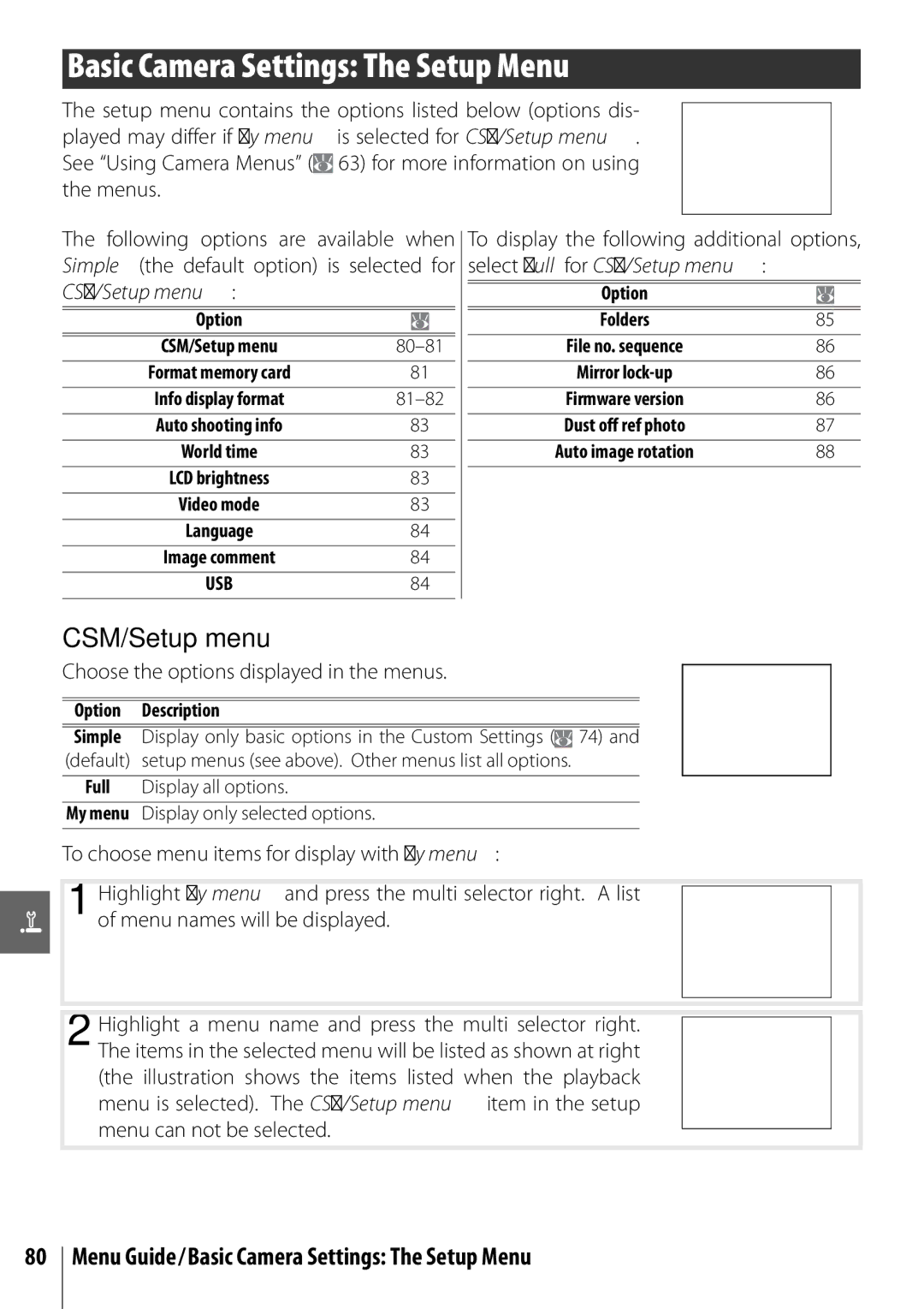 Nikon 25420 manual CSM/Setup menu, Menu Guide/Basic Camera Settings The Setup Menu 