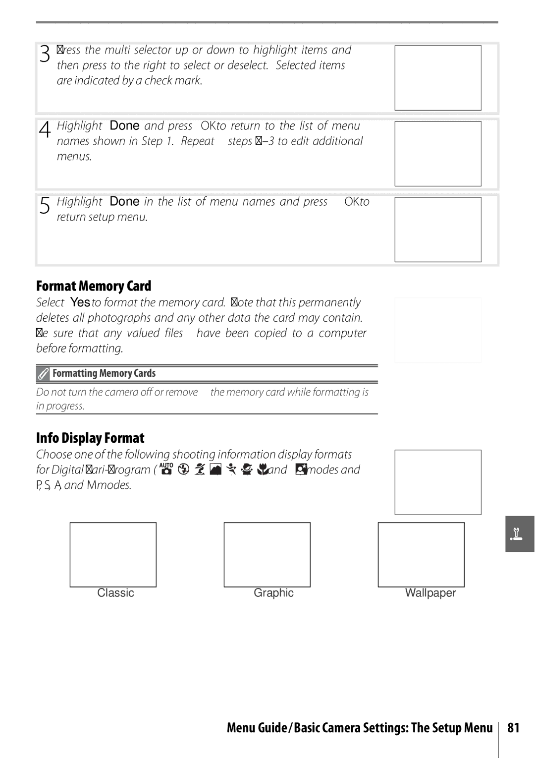 Nikon 25420 manual Format Memory Card, Info Display Format, Menu Guide/Basic Camera Settings The Setup Menu 