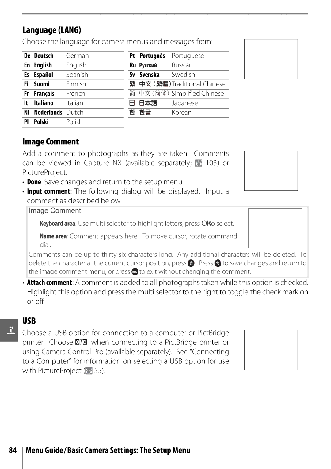 Nikon 25420 manual Language Lang, Image Comment, Choose the language for camera menus and messages from 