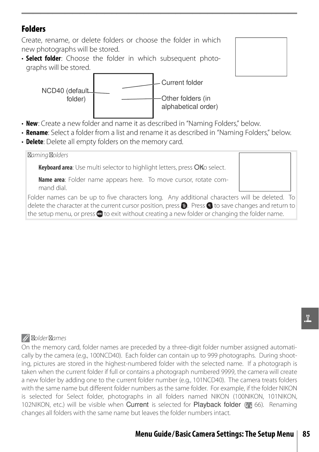 Nikon 25420 manual Delete Delete all empty folders on the memory card, Naming Folders, Folder Names 