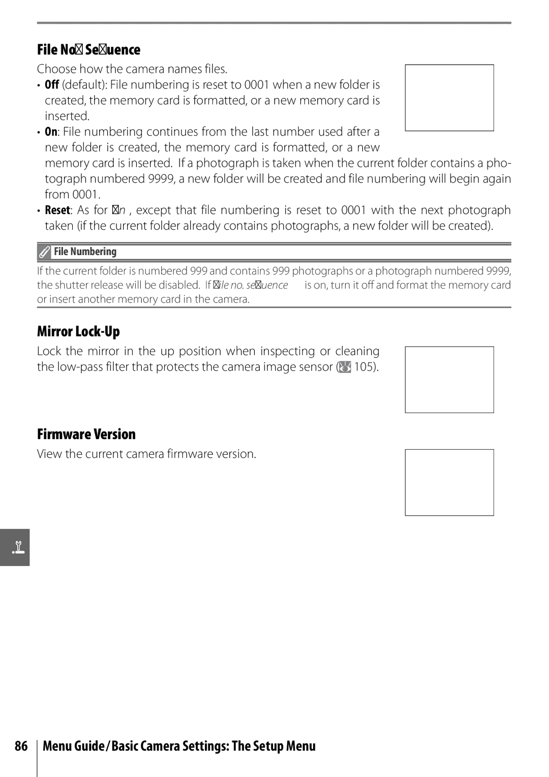 Nikon 25420 File No. Sequence, Mirror Lock-Up, Firmware Version, View the current camera firmware version, File Numbering 