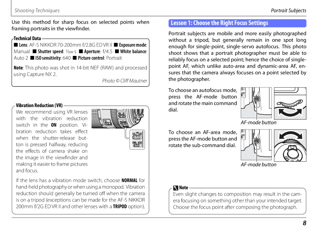 Nikon 25498B manual Lesson 1 Choose the Right Focus Settings, Vibration Reduction VR 