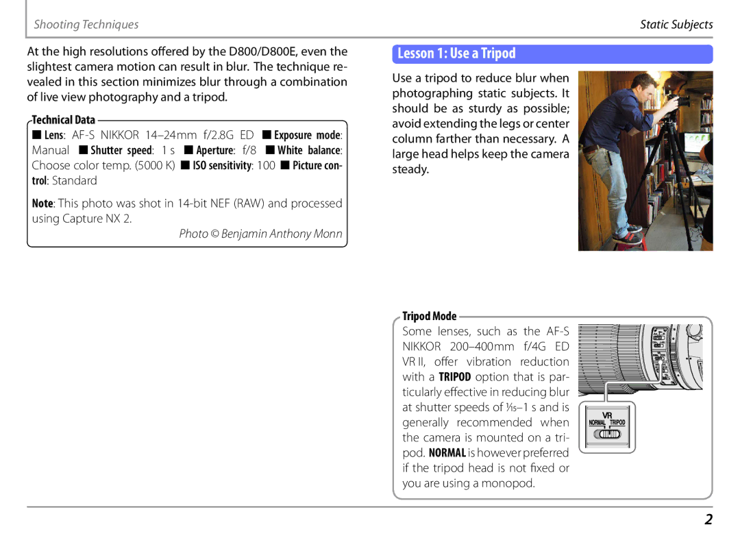 Nikon 25498B manual Lesson 1 Use a Tripod, Technical Data, Tripod Mode 