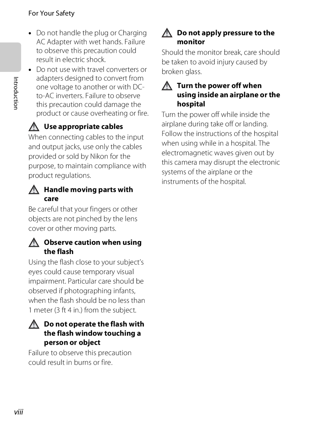 Nikon S800c, 26358, 26356 Viii, Use appropriate cables, Handle moving parts with care, Observe caution when using the flash 