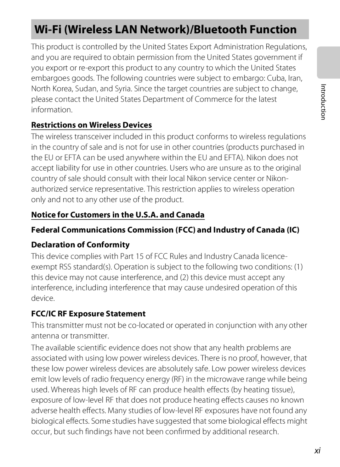 Nikon 26356 Wi-Fi Wireless LAN Network/Bluetooth Function, Restrictions on Wireless Devices, Declaration of Conformity 