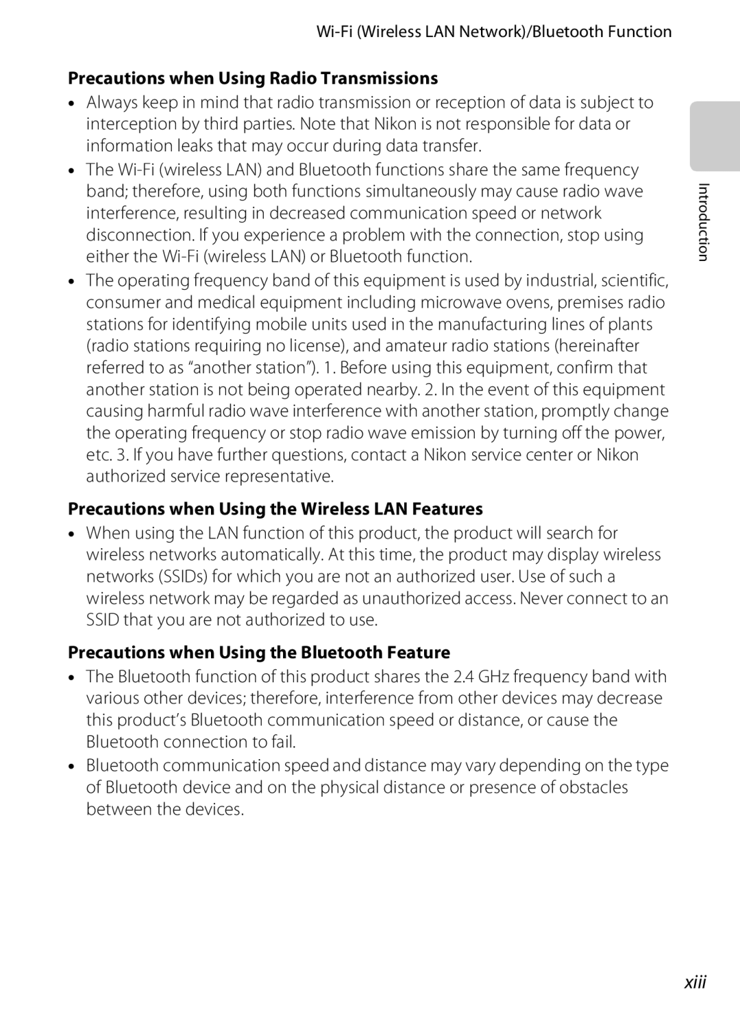 Nikon S800, 26358, 26356 Xiii, Precautions when Using Radio Transmissions, Precautions when Using the Wireless LAN Features 