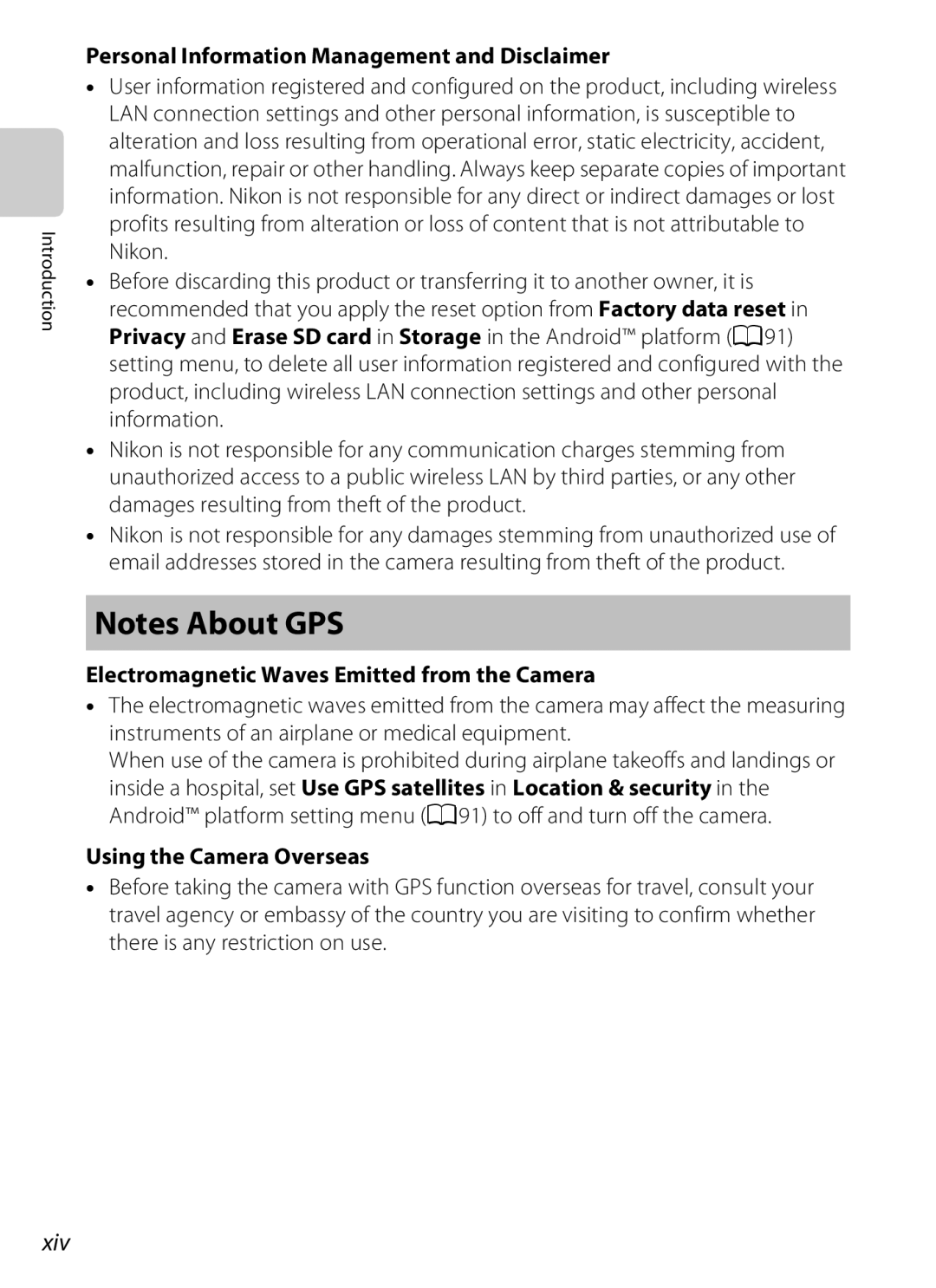 Nikon S800c, 26358 manual Xiv, Personal Information Management and Disclaimer, Electromagnetic Waves Emitted from the Camera 