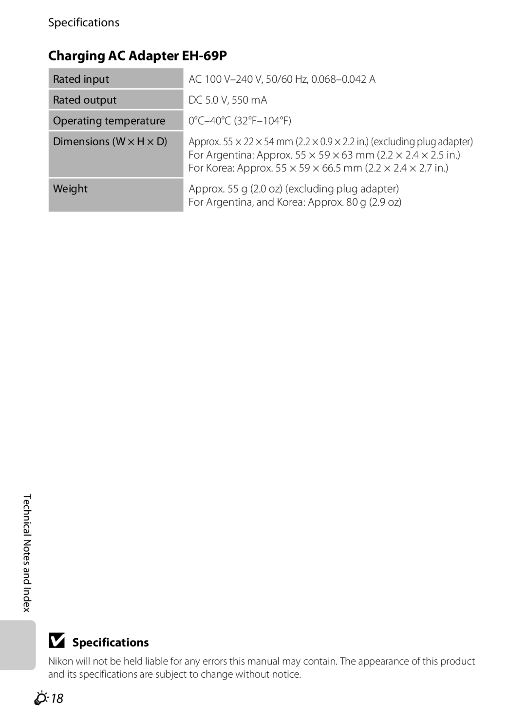 Nikon 26358, 26356, S800c White, S800c Black manual Charging AC Adapter EH-69P, F18, Specifications 