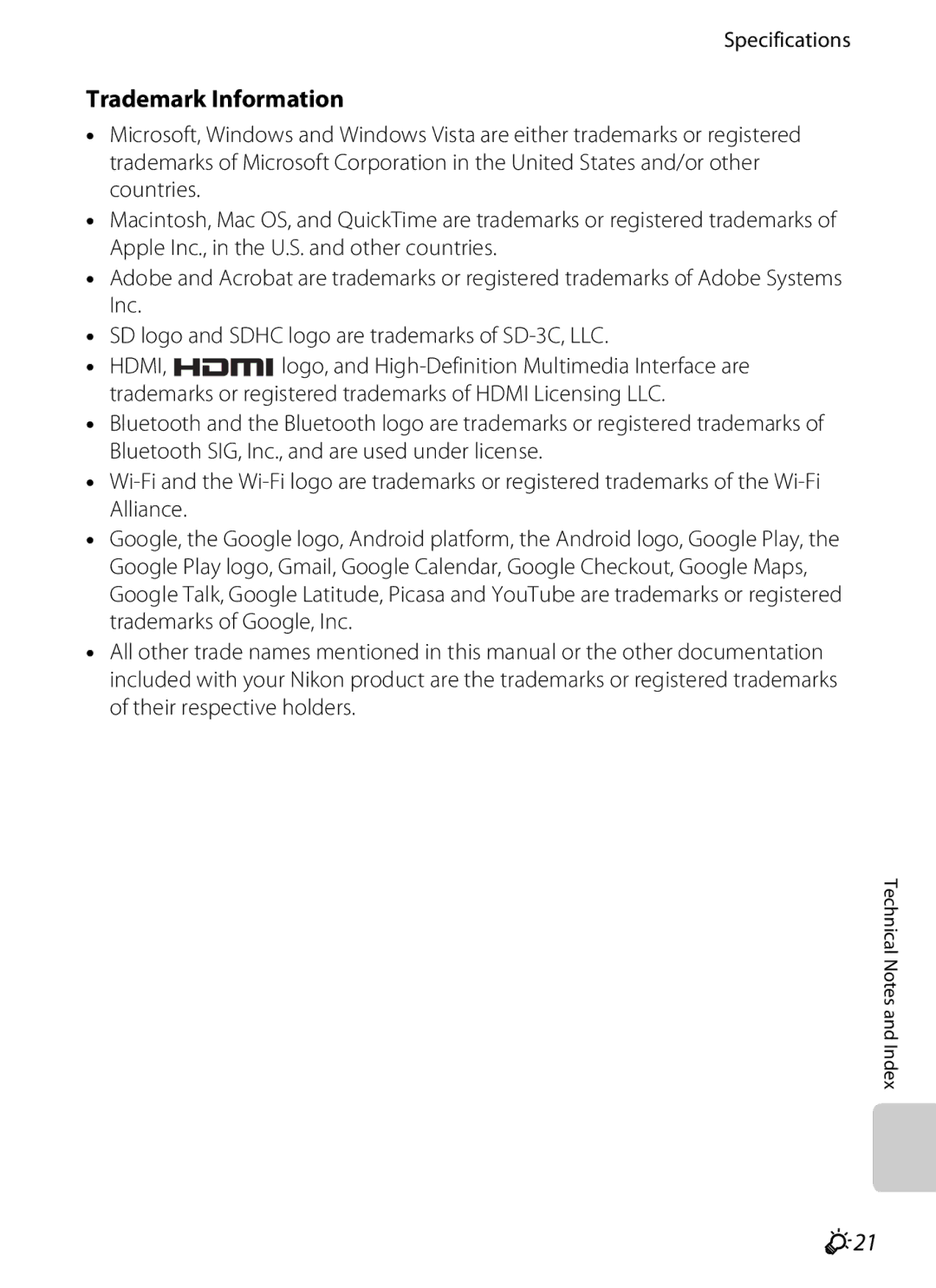 Nikon 26356, 26358, S800c White, S800c Black manual Trademark Information, F21 