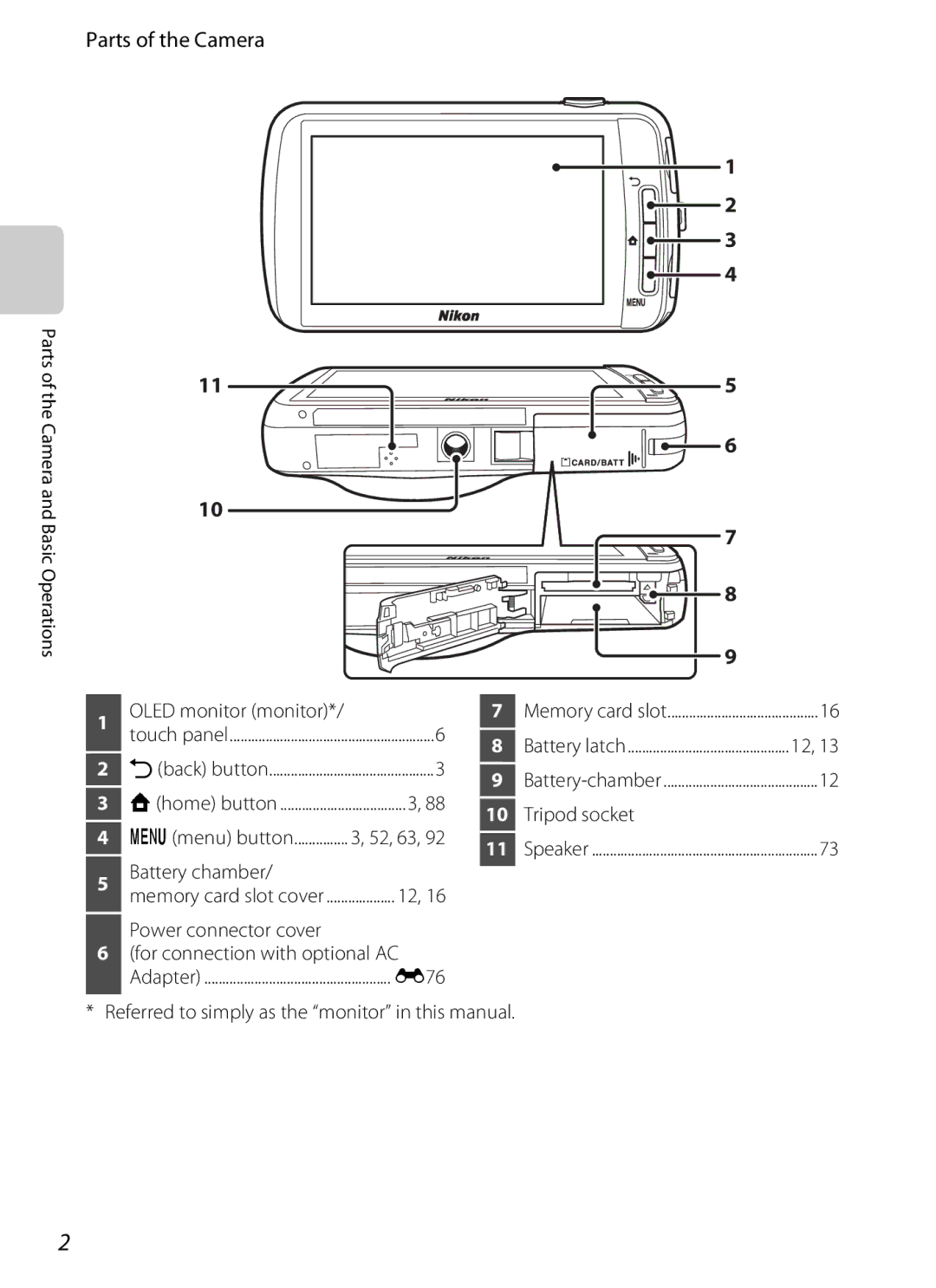 Nikon 26358 Parts of the Camera, Tripod socket, Battery chamber, Power connector cover For connection with optional AC 