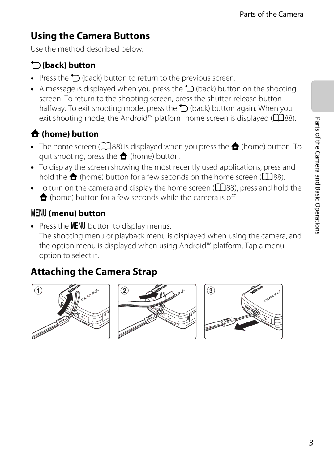 Nikon 26356, 26358, S800 Using the Camera Buttons, Attaching the Camera Strap, Vback button, Whome button, Dmenu button 