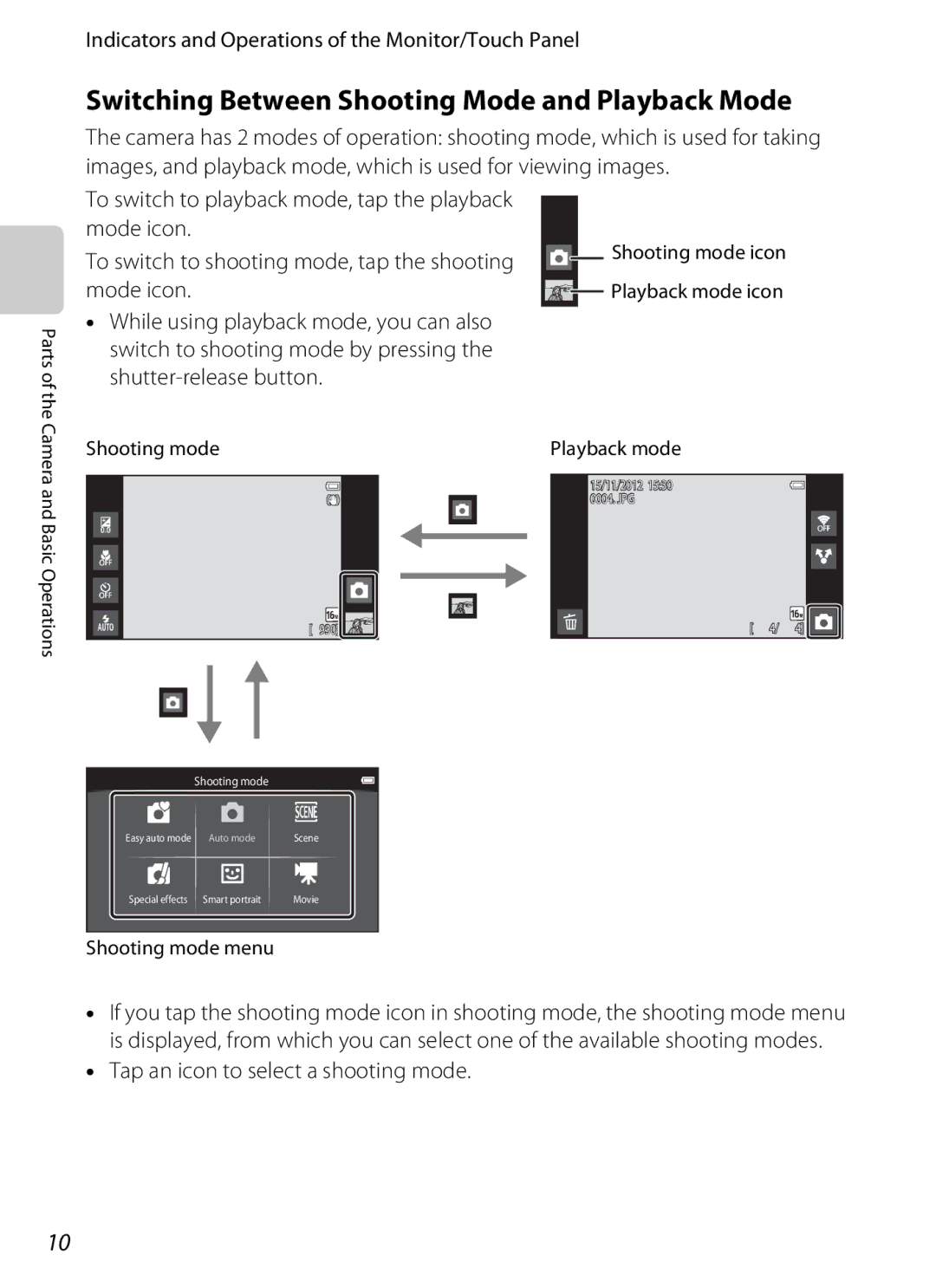 Nikon S800c White Switching Between Shooting Mode and Playback Mode, Mode icon, Tap an icon to select a shooting mode 